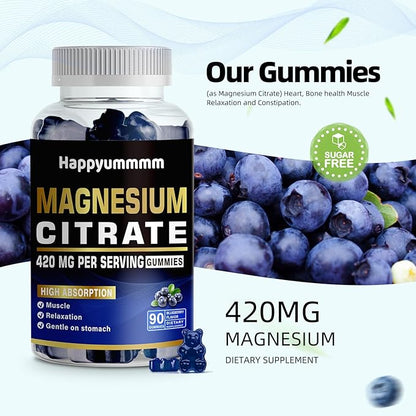 Magnesium Citrate Gummies 420mg per Serving - 180 Blueberry Gummies - Promotes Healthy Relaxation, Muscle, Bone, & Energy Support (2 Pack).