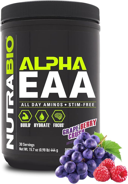NutraBio Alpha EAA - All-Day Aminos - Recovery, Energy, Focus, and Hydration Supplement - Full Spectrum EAA BCAA Matrix, Electrolytes, Nootropics, Coconut Water - 30 Servings - Grape Berry Crush
