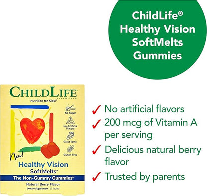 CHILDLIFE ESSENTIALS Healthy Vision SoftMelts - Eye Vitamins for Kids, Lutein Gummies, Lutein and Zeaxanthin Supplements, Eye Health Gummies, Lutein Children, Great Taste - Natural Berry, 27 Tablets