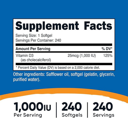 Nutricost Vitamin D3 1000 iu Softgels, 240 Softgels - Non-GMO & Gluten Free