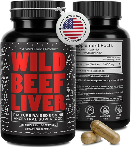 Wild Foods Beef Liver Capsules - Grass-Fed & Pasture-Raised | 3000mg Ancestral Supplement for Natural Energy & Immune Support | Organ Supplement for Men & Women | Keto, Paleo, Carnivore (120 Softgels)