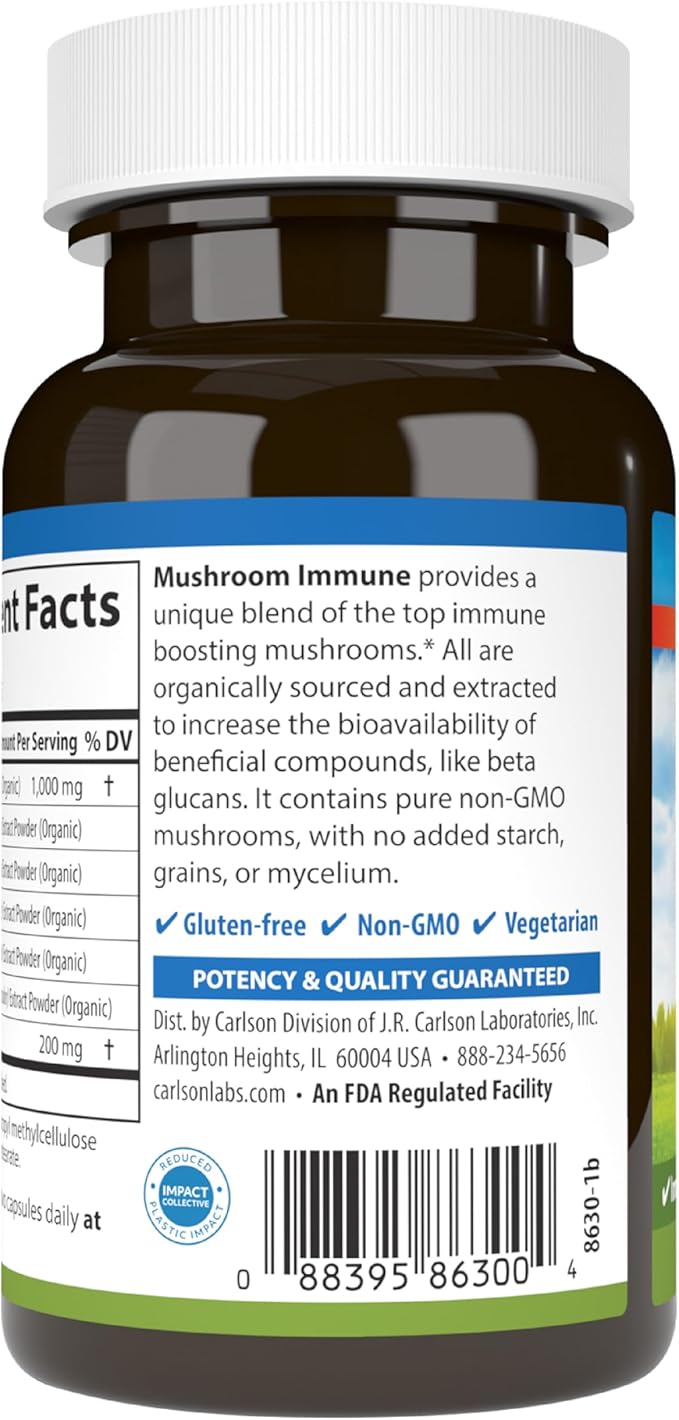 Carlson - Mushroom Complex, Organic Blend, with Turkey Tail, Reishi, Maitake, Shiitake, Chaga, Non-GMO, 50 Vegetarian Capsules