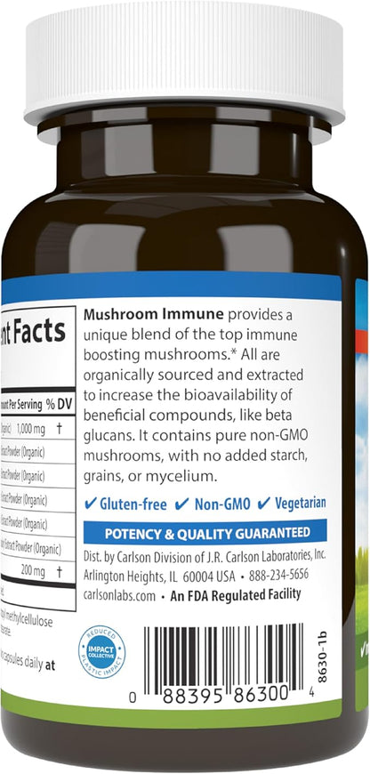 Carlson - Mushroom Complex, Organic Blend, with Turkey Tail, Reishi, Maitake, Shiitake, Chaga, Non-GMO, 50 Vegetarian Capsules