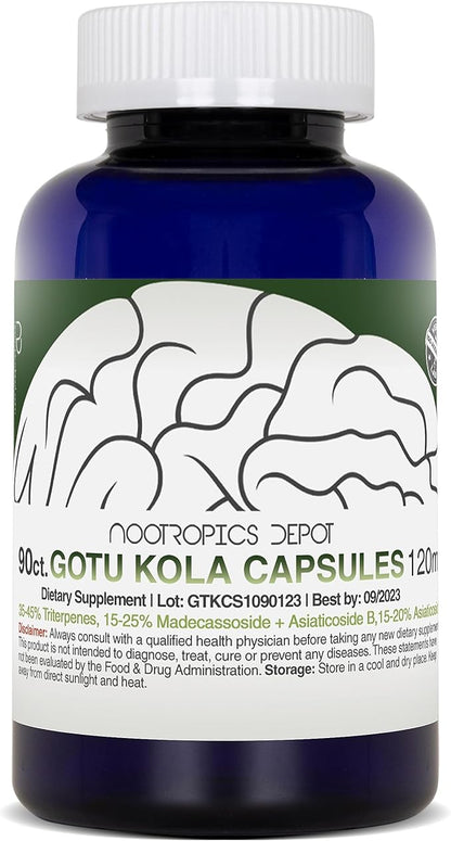 Nootropics Depot Gotu Kola Extract Capsules | 120mg | 90 Count | Acid Resistant | Centella asiatica | 35-45% Triterpenes | Supports Healthy Stress Levels | Promotes Memory Enhancement
