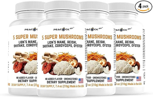 Mushroom Supplement Capsules, Pack of 4 (180 Count Each) – Reishi, Shiitake, Cordyceps, Oyster Mushrooms & Lions Mane Supplement Capsules for Memory, Focus, Energy, Brain & Immune Support