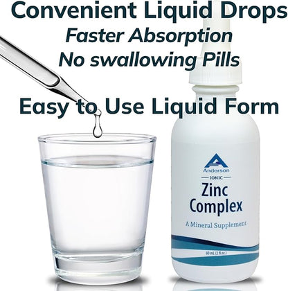 Anderson Ionic Zinc Complex, Liquid Drops for Immune Support, 15mg Zinc Sulfate per Serving, Balanced Trace Mineral Dietary Supplement for Women, Men, 60 Servings, 2oz Bottle