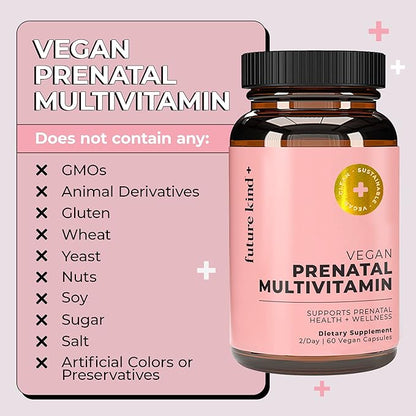Future Kind Vegan Prenatal Vitamin with DHA & L-Methylfolate in Glass Bottle - Prenatal Folate Supplement for Women with Vitamin D & E, Iron & Biotin - Gluten-Free, Non-GMO (60ct)