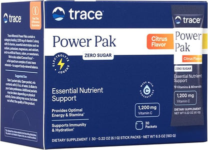 Trace Minerals Power Pak Sugar-Free - Immune & Energy Health Support - Powder Drink Mix with Vitamins & Minerals - Supports Hydration & Mineral Absorption - Citrus, 30 Packets (30 Servings)