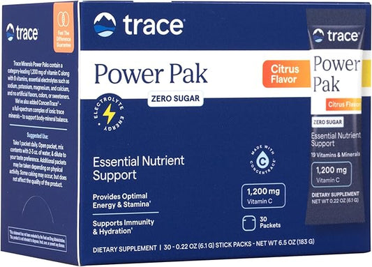 Trace Minerals Power Pak Sugar-Free - Immune & Energy Health Support - Powder Drink Mix with Vitamins & Minerals - Supports Hydration & Mineral Absorption - Citrus, 30 Packets (30 Servings)