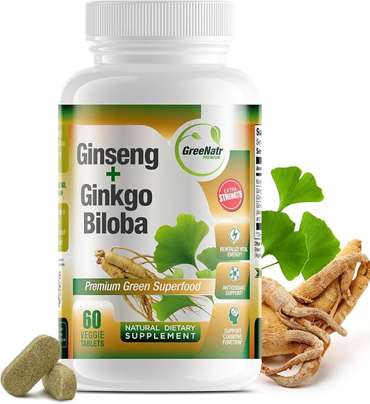 Ginko Biloba & Panax Ginseng Supplement - Red Ginseng Brain Supplement for Memory and Focus - Ginkgo Biloba Supplements for Good Vision, Immune System and Improved Blood Flow - 60 Tablets