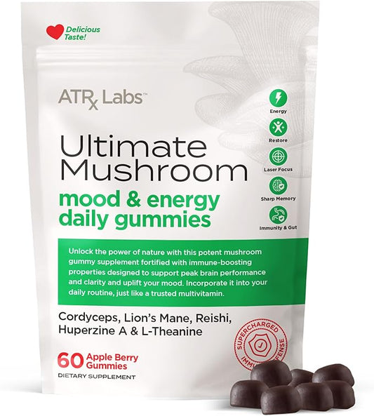 Ultimate Mushroom Daily Gummies - Mushroom Gummies with Cordyceps, Lion’s Mane, and Reishi, Plus Huperzine A & L-Theanine, May Improve Mood and Energy, Apple Berry Flavor, 60 Gummies
