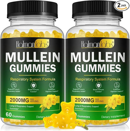120 Count Mullein Gummies for Lungs, 2000 MG(50:1 Extract) Mullein Leaf Extract for Lung Cleanse and Respiratory Support, Natural Mullein Herbal Supplement, Pear Flavor Gummies