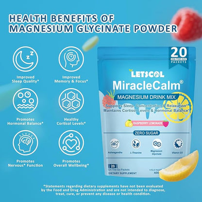 MiracleCalm Drink Mix Powder, Calm Magnesium Calcium Supplement, Cortisol Drink Powdered for Sleep, Relaxed & Focus with Easily Absorbed L-Theanine, Vitamin D3, Ashwagandha, Sugar Free