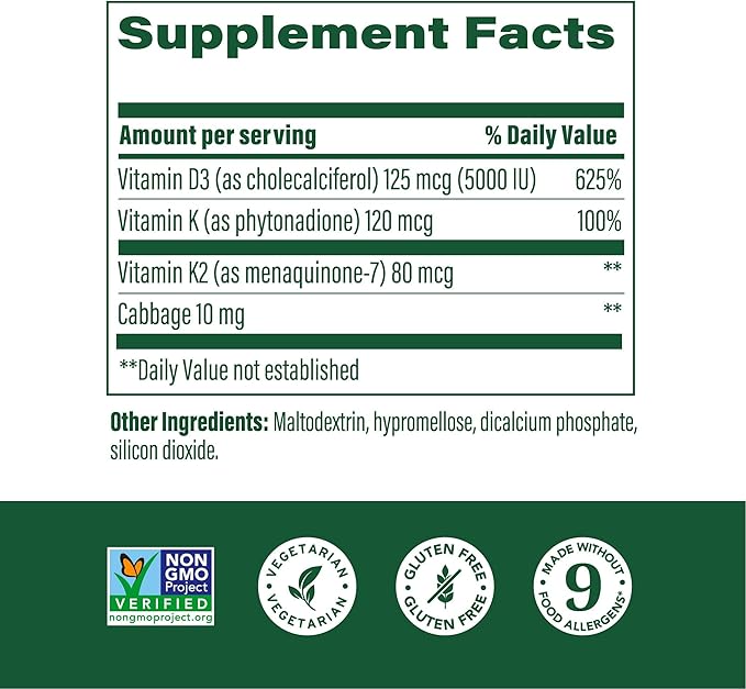 MegaFood Vitamin D3 5000 IU (125 mcg) - Vegetarian Supplements with Vitamin D3 K2 - Supports Bones, Teeth, Muscles & Immune Health - Certified Non-GMO - 60 Mini Capsules, 60 Servings
