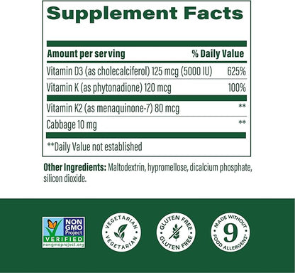 MegaFood Vitamin D3 5000 IU (125 mcg) - Vegetarian Supplements with Vitamin D3 K2 - Supports Bones, Teeth, Muscles & Immune Health - Certified Non-GMO - 60 Mini Capsules, 60 Servings