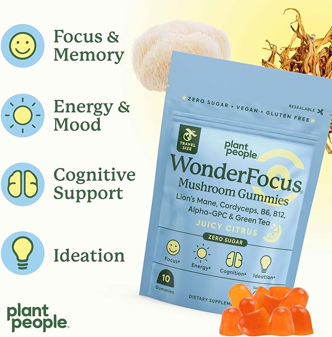 Plant People WonderFocus Mushroom Gummies Mini with Lion’s Mane & Cordyceps Nootropic Brain Supplement Boosts Memory Focus Energy & Mood in Adults No Sugar 100% Vegan Citrus Flavor Trial Size