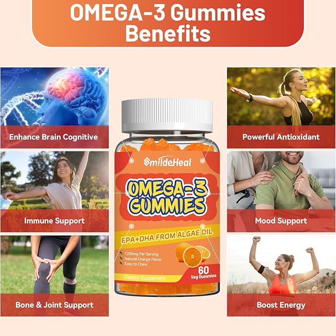 2 Pack Omega 3 Gummies Supplement 1000mg, High Absorption DHA & EPA, Heart, Brain & Joint Support, Extra Strength Fish Oil Omega 3 Gummies Vitamins, 120 Count