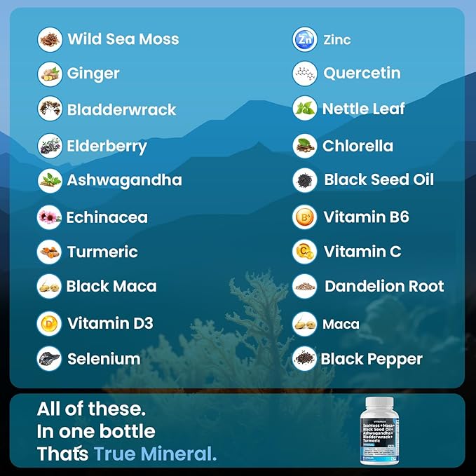 Sea Moss Maca Black Seed Oil Ashwagandha Bladderwrack Turmeric - Manuka Honey, Elderberry, Vitamin C & D3, Dandelion & Black Pepper - Non-GMO - Vegan - Made in USA - 60ct