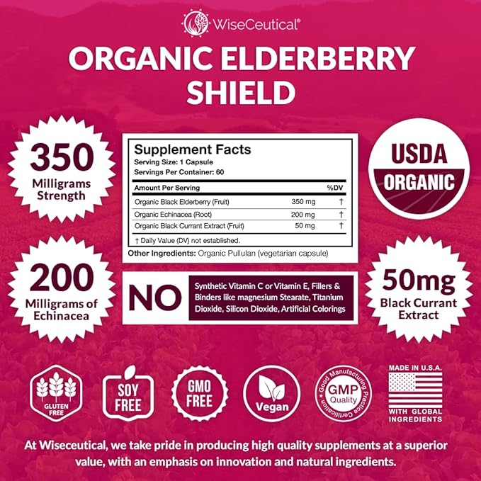 Max Strength USDA Organic Black Elderberry, Black Currant Extract & Echinacea | 3 in 1 Natural Immune Support & Vitamin C | Sugar-Free, Vegan-Friendly | Homeopathic Remedy | 60 Count