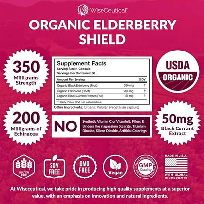 Max Strength USDA Organic Black Elderberry, Black Currant Extract & Echinacea | 3 in 1 Natural Immune Support & Vitamin C | Sugar-Free, Vegan-Friendly | Homeopathic Remedy | 60 Count