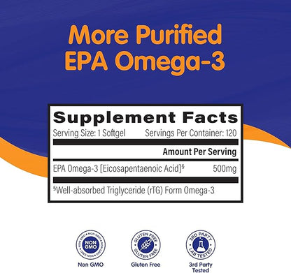 OmegaVia EPA 500, Purified Omega-3 Fish Oil Supplement, 500 mg EPA in Triglyceride Form, Burpless Fish Oil, Non-GMO, Gluten-Free, IFOS 5-Star, 120 Softgels