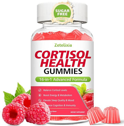 16-in-1 Cortisol Gummies for Women, Sugar Free Cortisol Gummies Supplement with Ashwagandha, Rhodiola Rosea, Magnesium, L-theanine for Relaxation, Sleep, Cognition, Raspberry Flavor, 60Ct