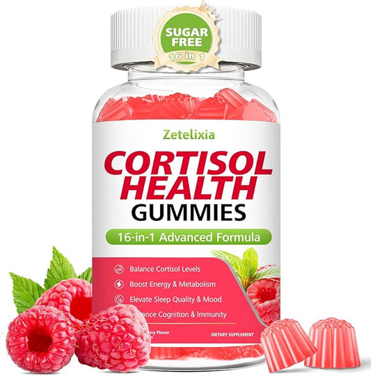16-in-1 Cortisol Gummies for Women, Sugar Free Cortisol Gummies Supplement with Ashwagandha, Rhodiola Rosea, Magnesium, L-theanine for Relaxation, Sleep, Cognition, Raspberry Flavor, 60Ct