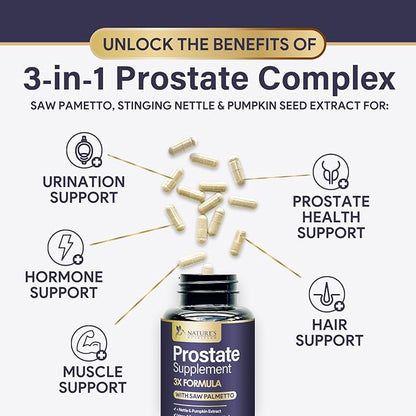 Prostate Health Supplements for Men - Support Complex Formula with Saw Palmetto, Beta Sitosterol, Stinging Nettle, Pygeum, Pumpkin Seed, Zinc - Supports Prostate & Urinary Health - 120 Capsules