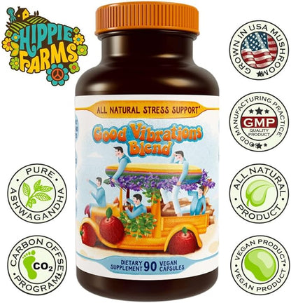 Stress, Mood, Energy Support - Ashwagandha Root, Lion's Mane & More - Good Vibrations Blend