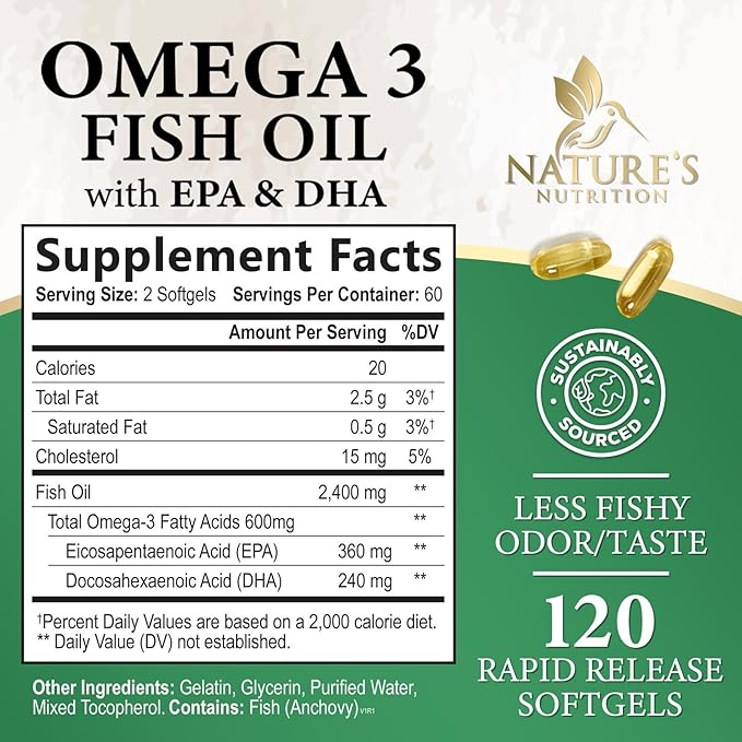 Triple Strength Omega 3 Fish Oil Supplement, EPA & DHA Fish Oil Omega 3 Essential Fatty Acids Supplement Softgels, 2400mg Brain & Heart Health Support Supplements - Gluten Free, Non-GMO, 120 Softgels
