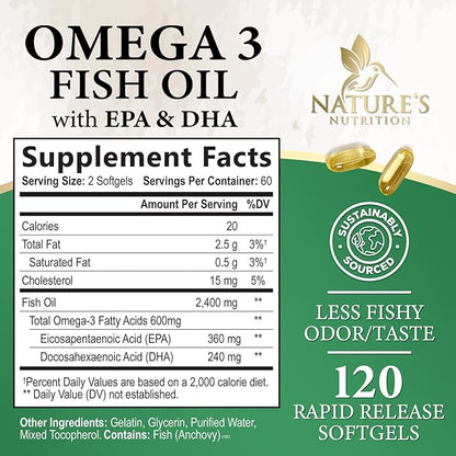 Triple Strength Omega 3 Fish Oil Supplement, EPA & DHA Fish Oil Omega 3 Essential Fatty Acids Supplement Softgels, 2400mg Brain & Heart Health Support Supplements - Gluten Free, Non-GMO, 120 Softgels