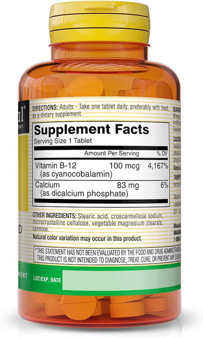MASON NATURAL Vitamin B12 100 mcg with Calcium - Healthy Conversion of Food into Energy, Supports Nerve Function and Health, 100 Tablets