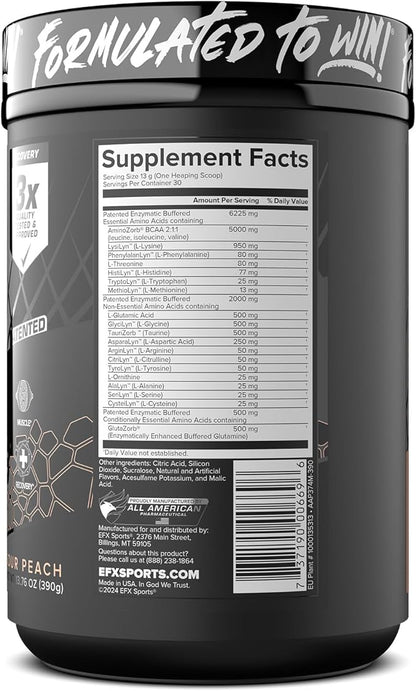 EFX Sports Aminozorb Elite 21 | PH-Correct, Full Spectrum Aminos + Glutamine | Essential & Non Essential Aminos | Zero Sugars | 30 Servings (Sour Peach)