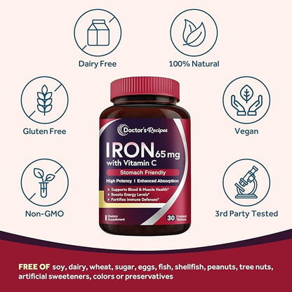 Doctor's Recipes Iron Supplement 65 mg with Vitamin C - Maximized Absorption & Stomach Friendly Iron Pills for Red Blood Cells Formation, Heart, Brain & Immunity Health - Vegan Non-GMO 30 Iron Tablets
