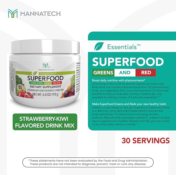 Mannatech Superfood Greens and Reds 192g, (Strawberry-Kiwi) Phytonutrients from Beet Root Powder, Spirulina Powder