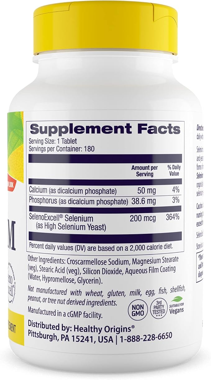 Healthy Origins Selenium 200 mcg (Seleno Excell, Fermented, Non-GMO, Gluten Free, Bladder Support, Immune Function, Cellular Support), 180 Tablets