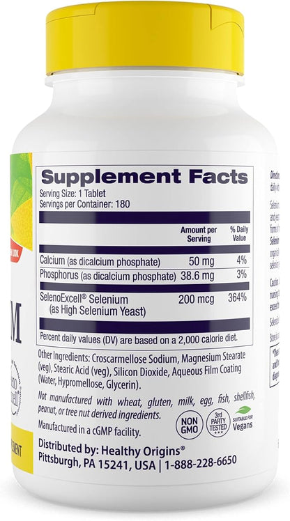 Healthy Origins Selenium 200 mcg (Seleno Excell, Fermented, Non-GMO, Gluten Free, Bladder Support, Immune Function, Cellular Support), 180 Tablets