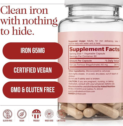 Naked Iron 65mg, 325mg Ferrous Bisglycinate - High Potency Iron Supplement for Iron Deficiency, Cellular Energy Support, Promotes Healthy Red Blood Cell Production, Non-GMO, Gluten-Free, 60 Capsules