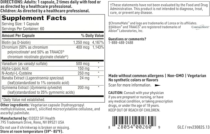 Klaire Labs GlucoThera - Hypoallergenic Chromium Complex with Alpha-Lipoic Acid, Banaba Extract & Vanadium (60 Capsules)