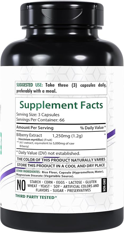 Bilberry Extract 5000mg | 200 Veg Capsules | Extra Strength | Made in USA | Non-GMO| Gluten-Free
