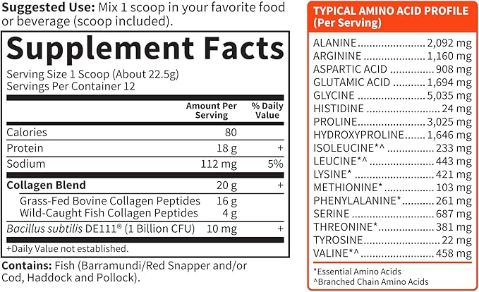 Garden of Life Marine & Grass-Fed Collagen Peptides Powder Supplement (Type I, III) with Probiotics & BCAAs for Mobility, Joint Health, Hair, Skin & Nails - Unflavored, 20g per Serving, 12 Servings