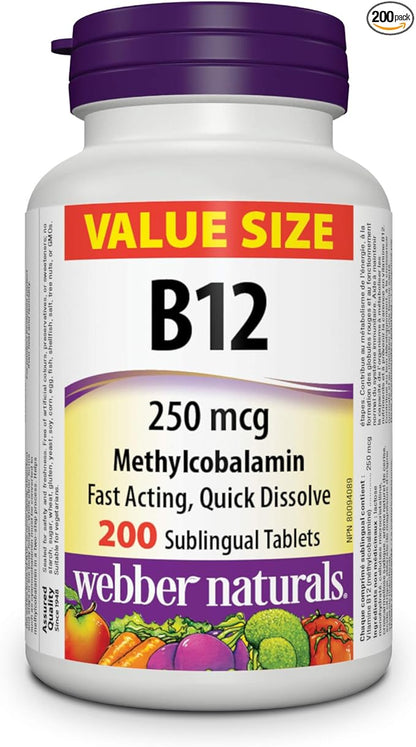 Webber Naturals Vitamin B12 250 mcg Methylcobalamin, 200 Sublingual Tablets
