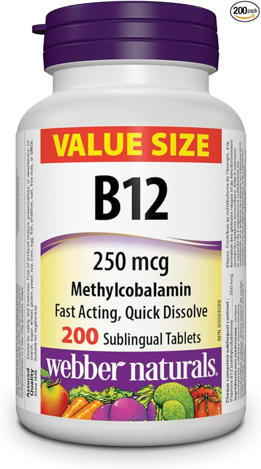 Webber Naturals Vitamin B12 250 mcg Methylcobalamin, 200 Sublingual Tablets