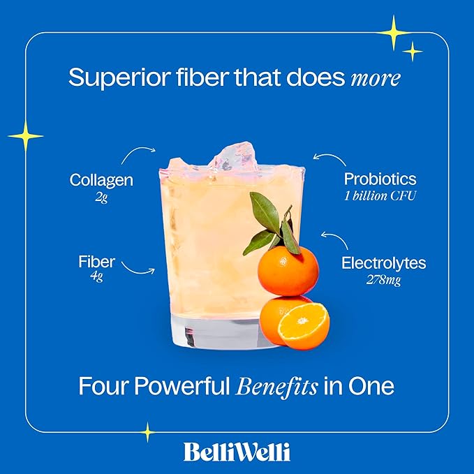 BelliWelli Fiber Supplement for Women & Men – Premium Daily Fiber Powder from Organic Acacia with Added Collagen, Electrolytes & Probiotics – No Bloat, Constipation & Gut Health Support (Orange Yuzu)