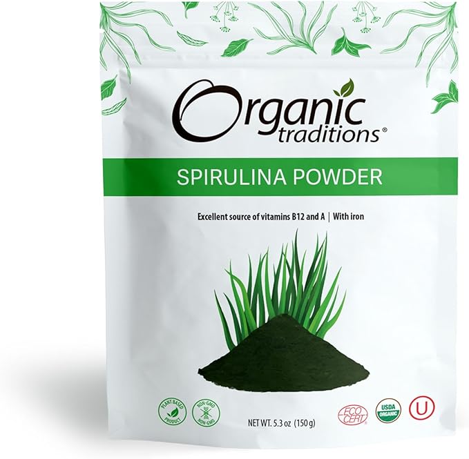 Organic Traditions Organic Spirulina Powder Vegan Non-GMO Superfood, 5.3oz (150g) Bag, 50 Servings per Bag