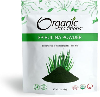 Organic Traditions Organic Spirulina Powder Vegan Non-GMO Superfood, 5.3oz (150g) Bag, 50 Servings per Bag