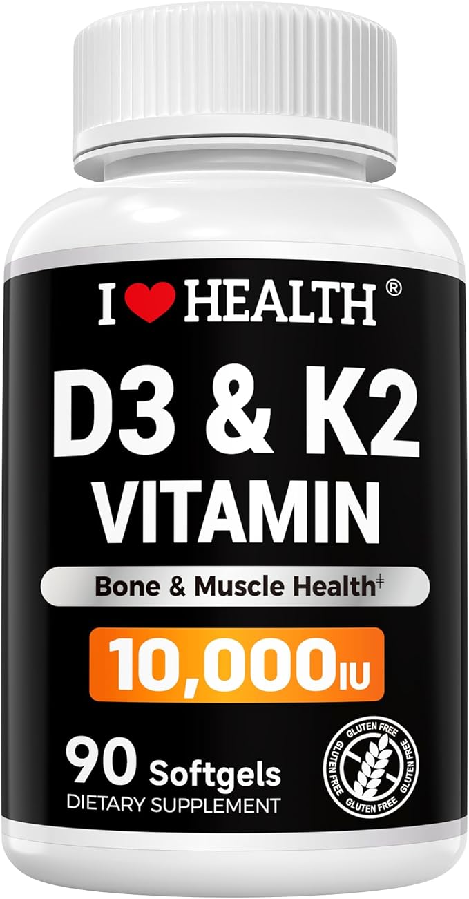 I LOVE HEALTH® Triple Strength Vitamin D3 10,000 IU with K2 (MK-7) Supplement - 90 Softgels - Non-GMO - Gluten-Free - Support Heart & Immune, Bone & Teeth Health - Enhanced Absorption - Made in USA