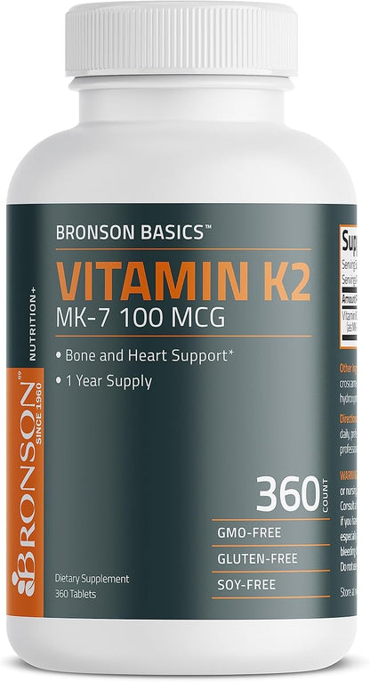 Bronson Vitamin K2 MK-7 100 MCG, K2 as MK7 Menaquinone, Bone Support 1 Year Supply, 360 Tablets