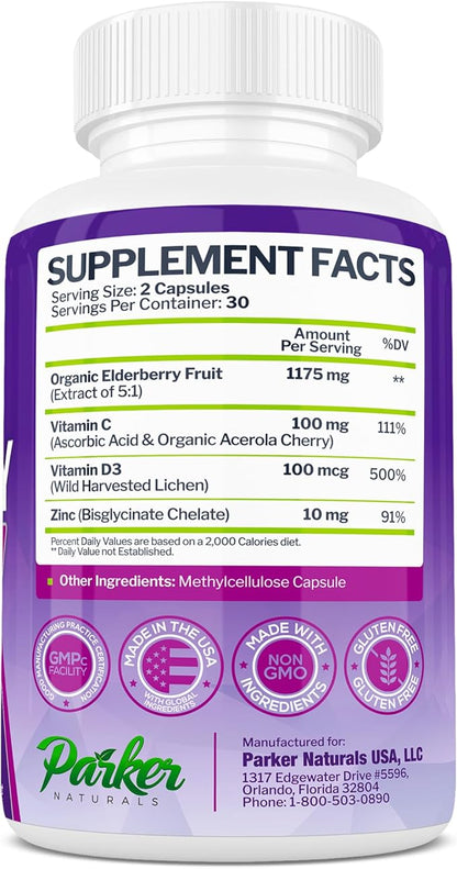 Organic Elderberry Capsules, 4-Way Immune Boost, Vitamins C, D, and Zinc Support, 1260.1 mg Elderberry Supplements for Adults, 60 Capsules