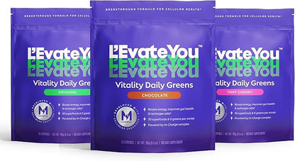 L'Evate You Vitality Daily Greens, Variety Pack (3 Bags, 84 Servings) 30 Superfoods, 9 Greens - for Cellular Energy Boost, Powered by M-Charge Complex for All Day Energy